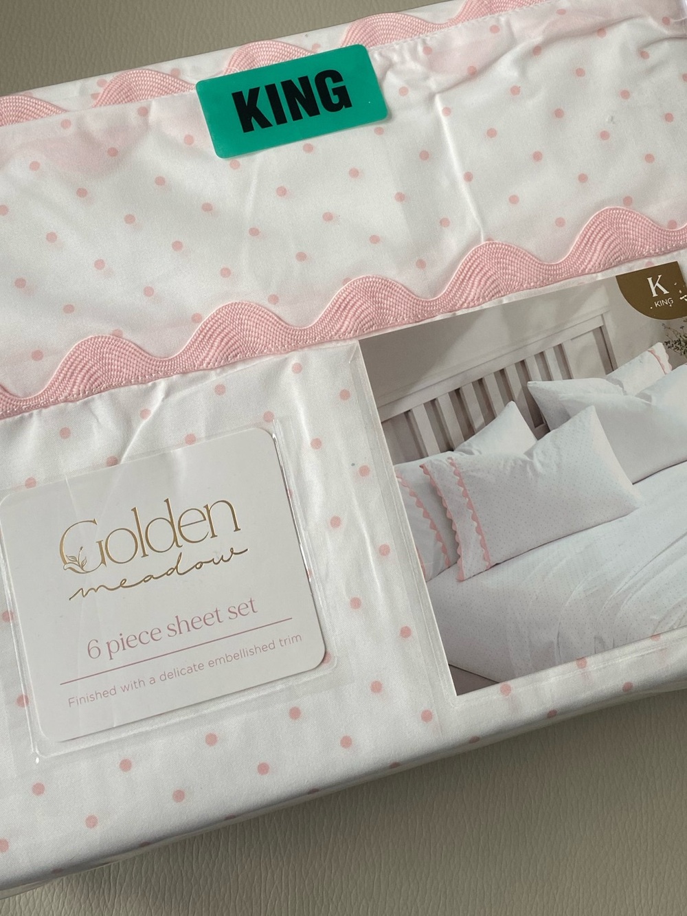 White and pink polka dot sheet set - KING